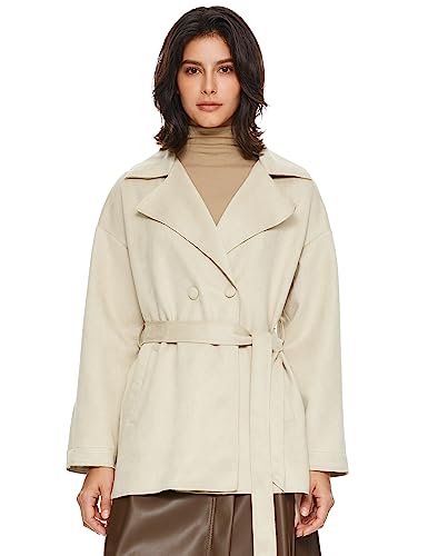 Orolay Damen-Kunstlederjacke Mittelgroß Stilvoller Leichter Trenchcoat aus Wildlederimitat mit Gürtel Beige S von Orolay