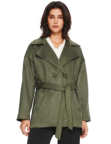 Orolay Damen-Kunstlederjacke Mittelgroß Stilvoller Leichter Trenchcoat aus Wildlederimitat mit Gürtel Dargrün L von Orolay