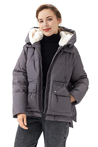 Orolay Damen Kurzer Daunenmantel Multi-Pockets Fashion Jacke mit Kapuze Female Winterjacke Puffermantel Grau XXL von Orolay