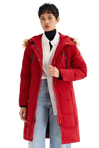 Orolay Damen Lsolierter Daunenmantel Winter Gesteppte Komfortjacke Puffermantel mit Kunstfell Rot XXL von Orolay