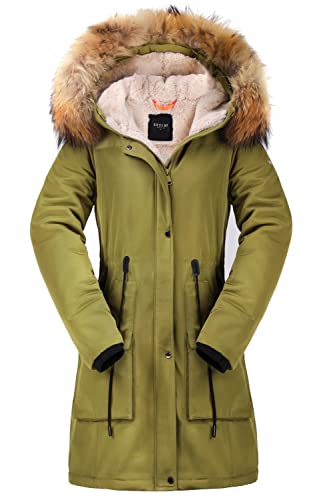 Orolay Damen-Parka mit Dickem Fleece-Futter Wintermantel Kapuzenjacke und Abnehmbarem Pelzkragen Dunkle Olive M von Orolay