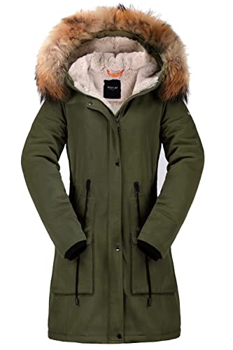 Orolay Damen-Parka mit Dickem Fleece-Futter Wintermantel Kapuzenjacke und Abnehmbarem Pelzkragen Olivgrün L von Orolay