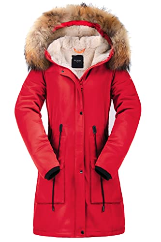 Orolay Damen-Parka mit Dickem Fleece-Futter Wintermantel Kapuzenjacke und Abnehmbarem Pelzkragen Rot mit hohem Risiko L von Orolay