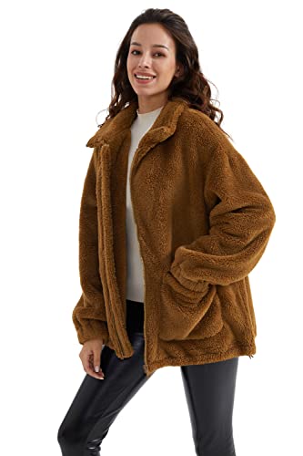 Orolay Damen Plüschjacke mit Reißverschluss und Taschen Lässiges Fleece Sweatshirt Kaffee XL von Orolay