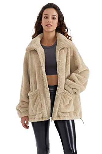 Orolay Damen Plüschjacke mit Reißverschluss und Taschen Lässiges Fleece Sweatshirt Khaki L von Orolay