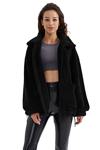 Orolay Damen Plüschjacke mit Reißverschluss und Taschen Lässiges Fleece Sweatshirt Schwarz M von Orolay