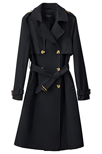 Orolay Damen Übergangsmantel 3/4 Länge Doppelreihiger Trenchcoat Revers Jacke mit Gürtel - Eleganter Mantel Schwarz L von Orolay