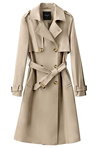 Orolay Damen Übergangsmantel 3/4 Länge Doppelreihiger Trenchcoat Revers Jacke mit Gürtel - Eleganter Mantel Khaki M von Orolay