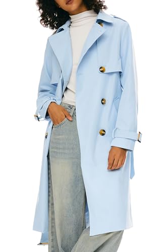 Orolay Damen Übergangsmantel 3/4 Länge Doppelreihiger Trenchcoat Revers Jacke mit Gürtel - Eleganter Mantel Blau M von Orolay