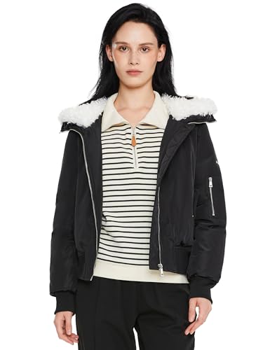 Orolay Damen Winter Bomberjacke - Gefütterte Kapuzenparka mit Fleece - Kurzer warmer Mantel Schwarz Medium von Orolay