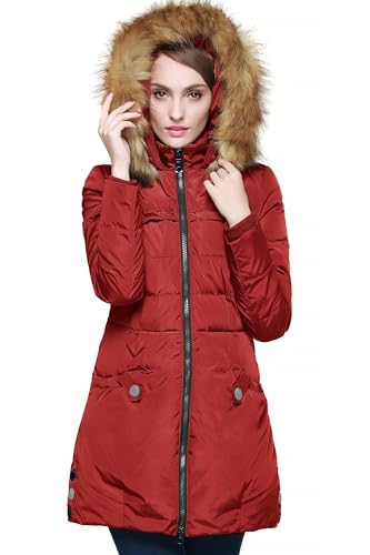 Orolay Damen Winter Daunenjacke Kapuzenmantel mit Kunstpelzbesatz Rot M von Orolay