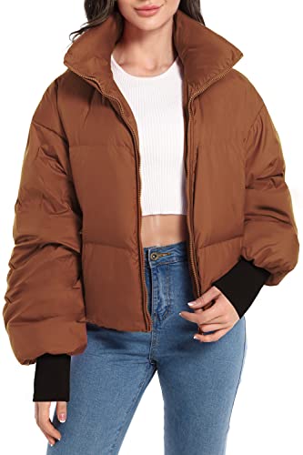 Orolay Damen Winter Pufferjacke Stehkragen Bubble Oversized Silhouette Kurzer Daunenmantel Kaffee L von Orolay