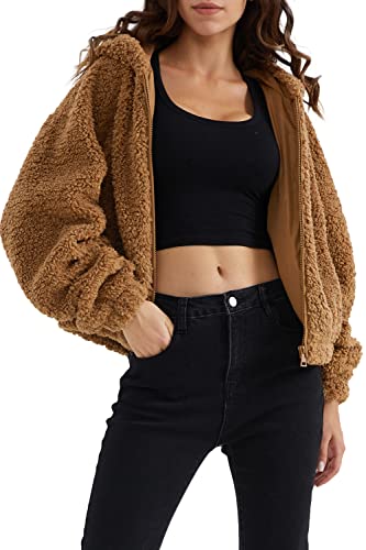 Orolay Faux Shearling Flauschiger Mantel für Damen Kurze Teddyjacke mit Kapuze Khaki S von Orolay