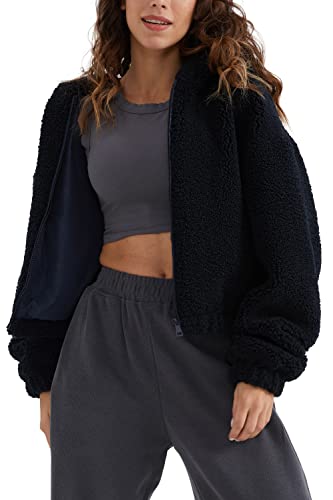 Orolay Faux Shearling Flauschiger Mantel für Damen Kurze Teddyjacke mit Kapuze Marine S von Orolay