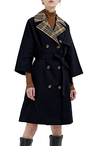 Orolay Mittellanger zweireihiger Trenchcoat für Damen mit Schal Marine L von Orolay