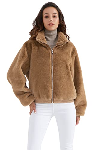 Orolay Sherpa Mantel für Damen Flauschige Fleecejacke Reißverschluss mit Taschen Kurze Jacke Khaki S von Orolay