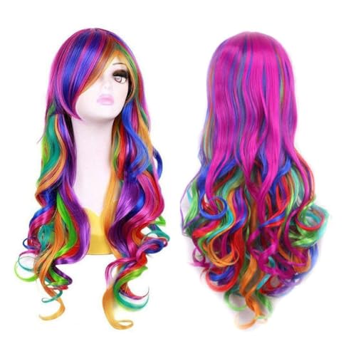 Orolotay Lady Rainbow Lange Lockige Perücken Mode Cosplay Kostüm Haar Anime Voll Wellige Perücke 70cm, Langlebig von Orolotay