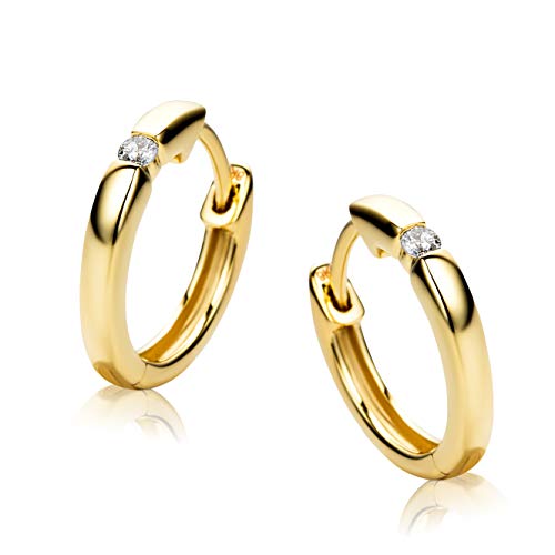 Orovi Schmuck Damen runde Solitär Brillant-Diamant-Creolen mit natürlichen Diamanten im Brillantschliff 0.07CT Zeitlose klassische Ohrringe aus Gelbgold 9 Karat(375) Gold, Kreolen-Durchmesser 13mm von OROVI