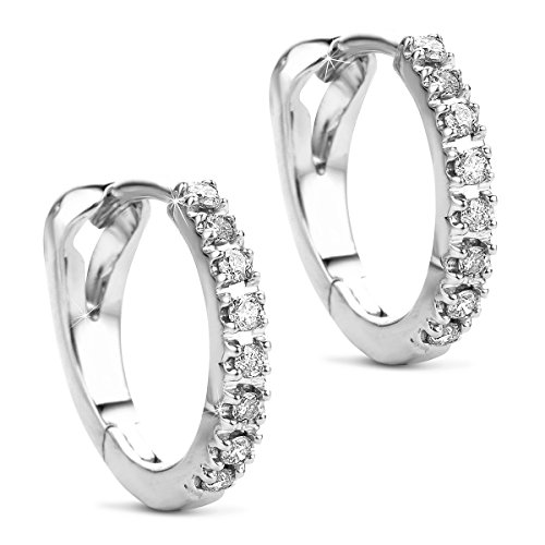 Orovi Schmuck Damen runde Brillant-Diamant-Creolen besetzt mit 16 natürlichen Diamanten im Brillantschliff 0.09CT Zeitlose klassische Ohrringe aus Weißgold 14 Karat(585) Gold, Kreolen-Durchmesser 12mm von OROVI