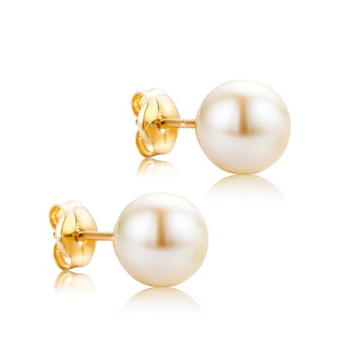 OROVI Ohrringe Gold- 18 karat (750) Gelbgold – Perlenohrringe, Ohrstecker Gold mit Weißen Süßwasserperlen 7 mm, Hypoallergene Perlen Ohrringe, Schmuck Damen, Gold Schmuck- inkl. edler Schmuckbox von OROVI