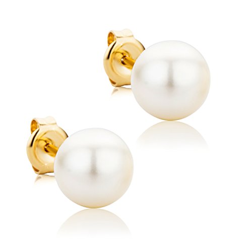 OROVI Ohrringe Gold- 9 karat (375) Gelbgold – Perlenohrringe, Ohrstecker Gold mit Weißen Süßwasserperlen 8.5 mm, Hypoallergene Perlen Ohrringe, Schmuck Damen, Gold Schmuck- inkl. edler Schmuckbox von OROVI
