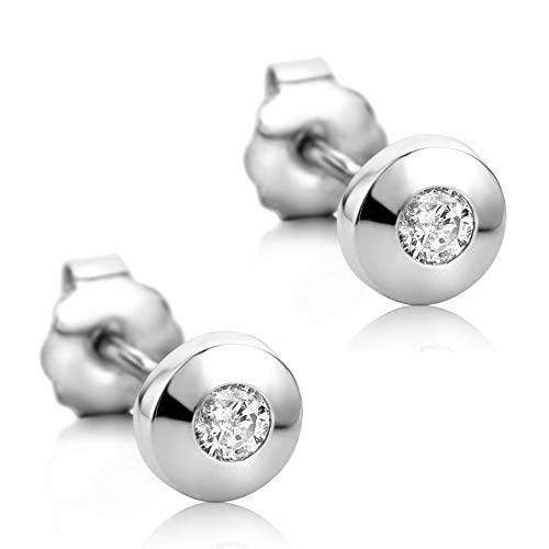 Orovi Schmuck Damen runde Solitärohrstecker mit 2 natürlichen Diamanten Brillanten 0.08 CT in einer Zargen Fassung Zeitlose klassische Ohrringe aus Weißgold 14 Karat / 585 Gold von OROVI