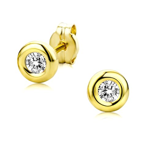 Orovi – Ohrringe rund aus 9 Karat Gelbgold (375) mit kreiertem Diamant (0.40 ct) – Ohrstecker Gold Damen mit Solitaire Zirkonia in edler Zargenfassung – Allergenfrei & handgemacht (5 x 5 mm) von OROVI