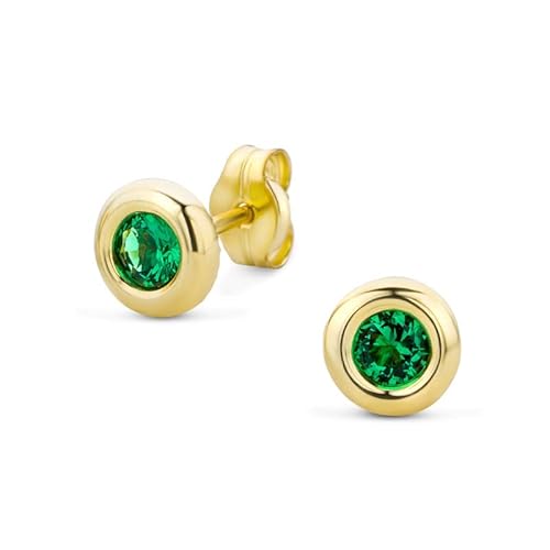 Orovi – Ohrringe rund aus 9 Karat Gelbgold (375) mit kreiertem Smaragd (0.22 ct) – Ohrstecker Gold Damen mit Solitaire Edelstein in edler Zargenfassung – Allergenfrei & handgemacht (5 x 5 mm) von OROVI