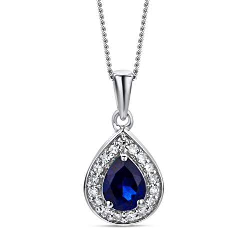 Orovi Schmuck Damen Tropfen Kette Gold mit Ketttenanhänger Edelstein/Geburtsstein Saphir in Blau umgeben von 17 natürliche Diamanten Brillanten 0.06 CT klassische Halskette Weißgold 9 Karat / 375 Gold von OROVI