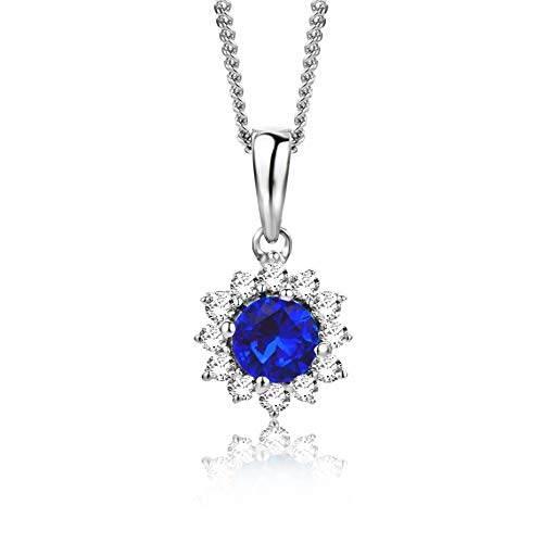 Orovi Halskette Damen Weißgold 9 Karat / 375 Gold Kette Blauer Safir mit Rundschliff Diamant Kette 45 cm von OROVI