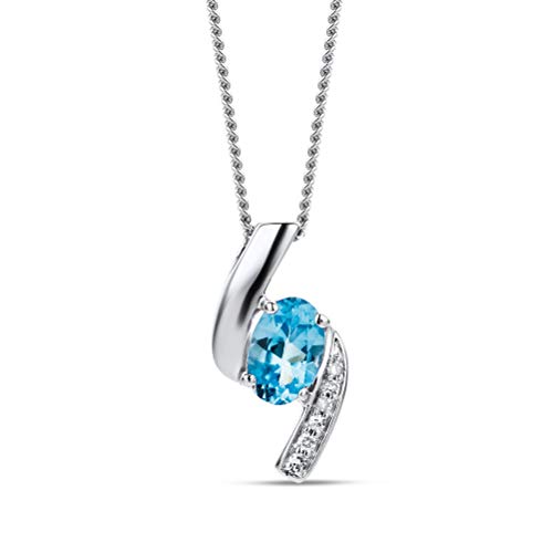 Orovi – Kette Damen aus 9 Karat (375) Weißgold mit ovalem Topas Anhänger (0.55 Ct) & Diamanten (0.03 Ct) im Brillantschliff – Edelstein Halskette Damen – Allergenfrei & handgemacht (45 cm) von OROVI