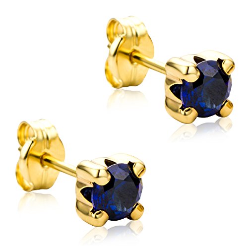 Orovi Damen Goldschmuck mit Edelstein Solitaire Ohrstecker mit Saphir in Krappenfassung/Gelbgold 9 Karat (375) / Blauer Edelstein, Geburtsstein, rund von OROVI