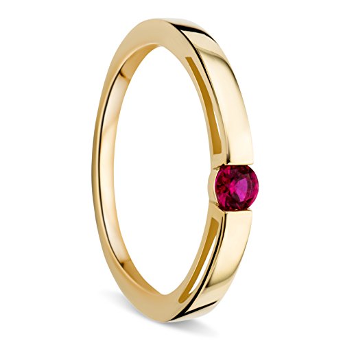 Orovi – Verlobungsring Damen aus 9 Ct Gelbgold (375) mit Solitär Rubin im Brillantschliff (0.15 Ct) – Solitärring Edelstein zur Verlobung – Damenschmuck Hypoallergen & handgefertigt (Gr. 50) von OROVI