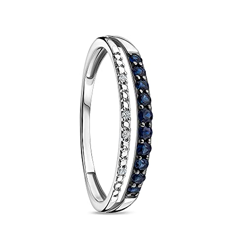 Orovi Schmuck Damen 0.01 Ct Diamant zweireihiger Ring Weißgold mit eine Reihe aus 10 Edelsteine blauer Saphir und eine Reihe aus 4 Diamanten Brillanten Ewigkeitsrings 9 Karat (375) Gold von OROVI
