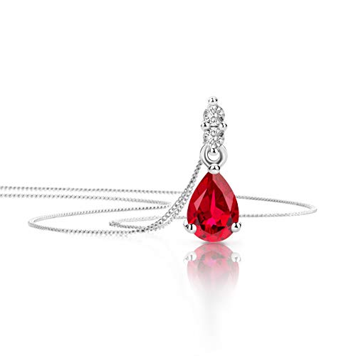 Orovi Schmuck Damen 0.06 Ct Diamant Halskette mit Tropfen Anhänger Edelstein/Geburtsstein Rubin in rot und Brillanten Kette aus Weißgold 9 Karat / 375 Gold, länge 45 cm von OROVI