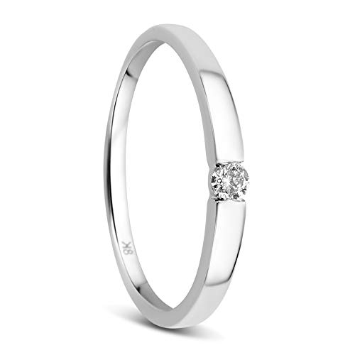 Orovi – Gold Ring aus 8 Karat Weißgold (333) mit 0.05 Ct Diamant – Solitärring Damen mit Brillant – Verlobungsring allergenfrei & handgemacht (Größe 54) von OROVI