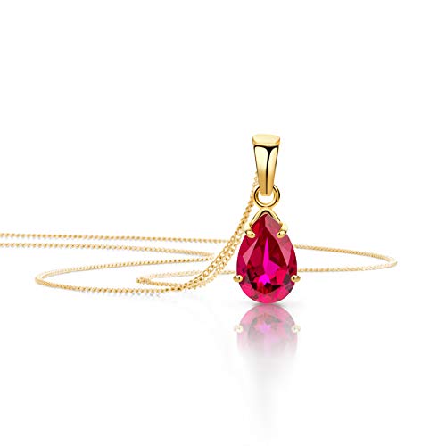 Orovi Schmuck Damen Tropfen Kette Gold mit Ketttenanhänger Edelstein/Geburtsstein Rubin in Rot klassische Halskette aus Gelbgold 9 Karat / 375 Gold Edelstein schmuck von OROVI