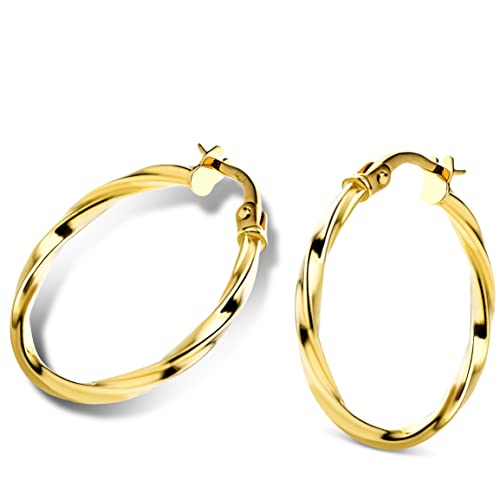 Orovi – Creolen aus 14 Karat Gelbgold (585) – Ohrringe Gold Damen mit gedrehtem Design hypoallergen & handgemacht – Hoop Goldohrringe mit Klappbügel in hochwertiger Schmuckschachtel (23 x 2 mm) von OROVI