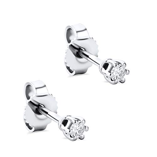 Orovi Schmuck Damen 0,08 Ct Diamant runde Solitärohrstecker mit 2 natürlichen Diamanten Brillanten in einer Krappen Fassung Zeitlose klassische Ohrringe aus Weißgold 9 Karat / 375 Gold von OROVI