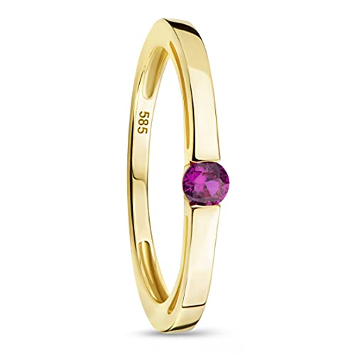 OROVI – Verlobungsring Damen aus 14k Gelbgold (585) mit kreiertem Solitär Rubin im Rundschliff (0.13 Ct) – Solitärring Edelstein zur Verlobung – Damenschmuck Hypoallergen & handgefertigt (Gr. 52) von OROVI