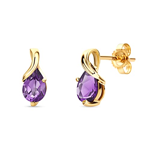 Orovi – Ohrringe Tropfenform aus 9 Karat Gelbgold (375) mit Amethyst (0.69 ct) – Gold Ohrstecker Damen mit Edelstein in edler Krappenfassung – Goldohrringe allergenfrei & handgemacht (10 x 4.5 mm) von OROVI