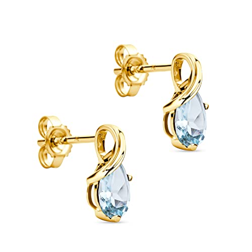 Orovi – Ohrringe Tropfenform aus 9 Karat Gelbgold (375) mit Aquamarin (0.58 ct) – Gold Ohrstecker Damen mit Edelstein in edler Krappenfassung – Goldohrringe allergenfrei & handgemacht (10 x 4.5 mm) von OROVI