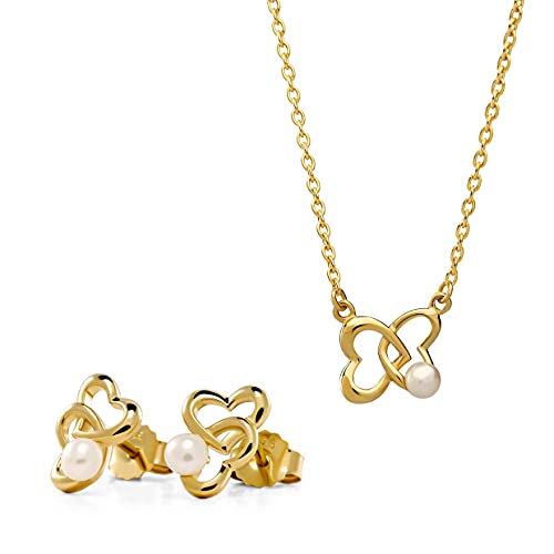 Orphelia 925 Silver Set Gold Colored Earrings + Necklace Intertwined Hearts with Freshwater Pearl von Orphelia