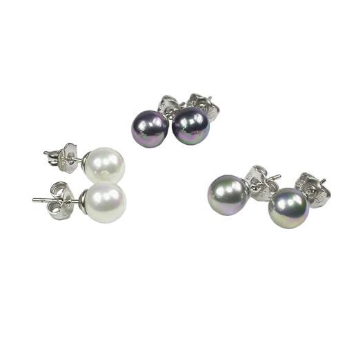 Orquidea | Ohrringe | Ohrring-Set | 3 Paar Ohrringe | Bio Mallorca Perlen | 8mm | Klassische Ohrringe | 925% Sterling Silber | Weiß, Grau und Schwarz, 8mm, Sterling Silber, Perle von Orquidea