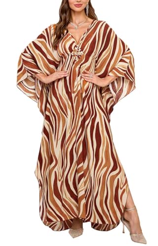 Orshoy Damen Bademode Türkische Kaftans Strandkleid Langes Side Split Beach Dress Bohemian Bikini Cover Up Vertuschungen Maxikleid Sommer Hellbraunes Zebra von Orshoy