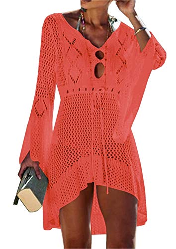 Orshoy Damen Bathing Suit Cover Up Beach Bikini Lace Crochet Hollow Out Swimsuit Cover Ups Boho Weben Einzigartig Bikini Cover Up Sommerkleid Strandkleid Lang - One Size Orange von Orshoy