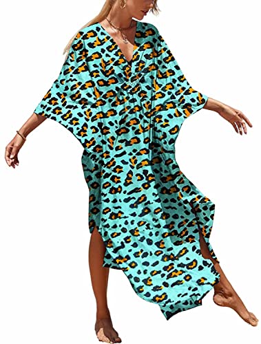 Orshoy Damen Baumwolle Kaftan Lange Kleid V-Ausschnitt Elegant Strandkleider Sommerkleider Lang Badeanzug Bikini Cover Up Lose Kaftan Smock Beach Dress Boho Kaftan Sleepwear Leopard 02 von Orshoy