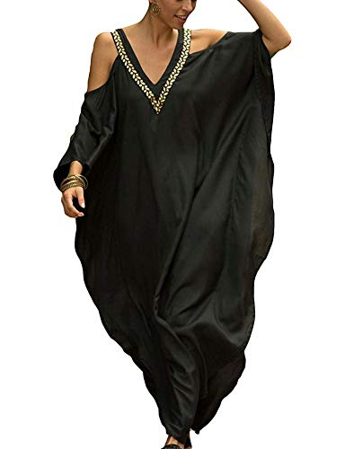 Orshoy Damen Baumwolle Kaftan Langes Kleid Maxi Strandkleid Bikini Coverups V Neck Lange Sommerkleider Oversize Vintage Strandtunika One Size A-Schwarz von Orshoy