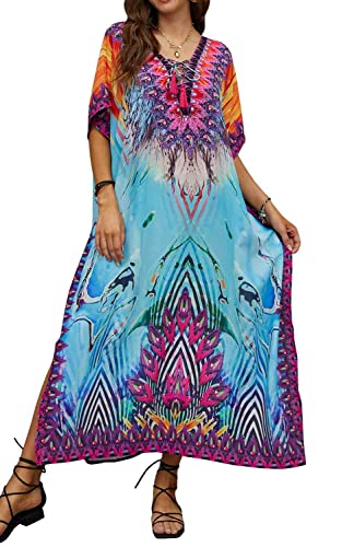 Orshoy Damen Beach Lange Bikini Coverup Loose Kaftan Kleid Dress Sommer Lose Maxi Kleid Print Schlitz Lange Kleider A-Blau-Violett von Orshoy