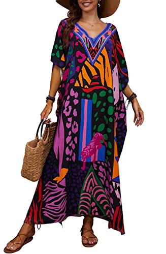 Orshoy Damen Bikini Cover Up Lang Strandponcho Sommer Maxikleid Casual Lose Pareo Erwachsener Strandurlaub Badeanzug Abendkleid Maxikleid V-Ausschnitt mit Schlitz A-Print 3 von Orshoy